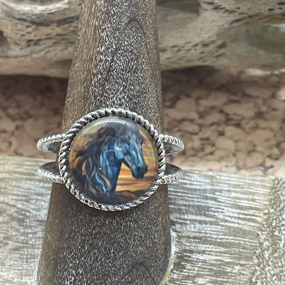 Stained Glass Horse Silver-Tone Ring in Blue and Brown